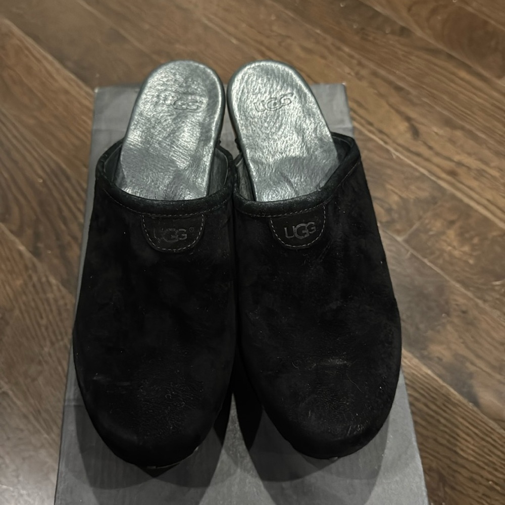 UGG clogs. Black suede upper. Sheepskin insoles. Size 8 womens.
